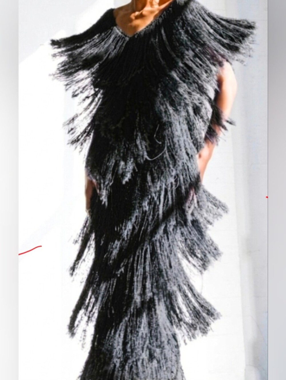 Black Fringe V‑Neck Maxi Dress